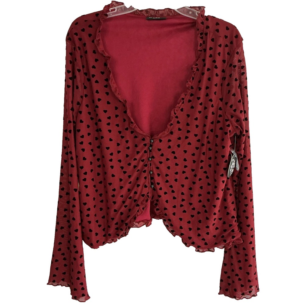 Jolie & Joy Blouse 2X Red/Black Hearts Flared Sleeve Romantic Whimsigoth NWT